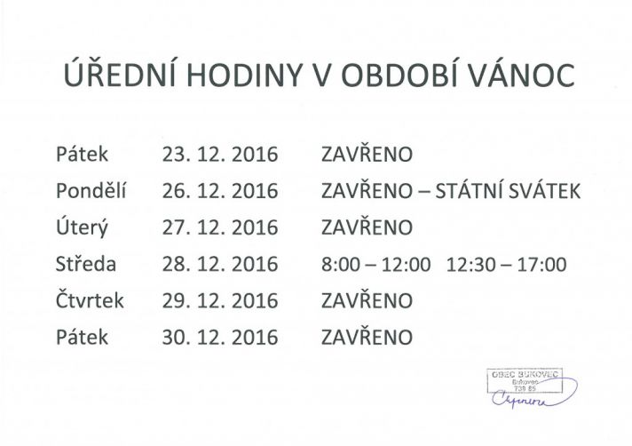 Úřední hodiny na&nbsp;OÚ v&nbsp;období vánoc
